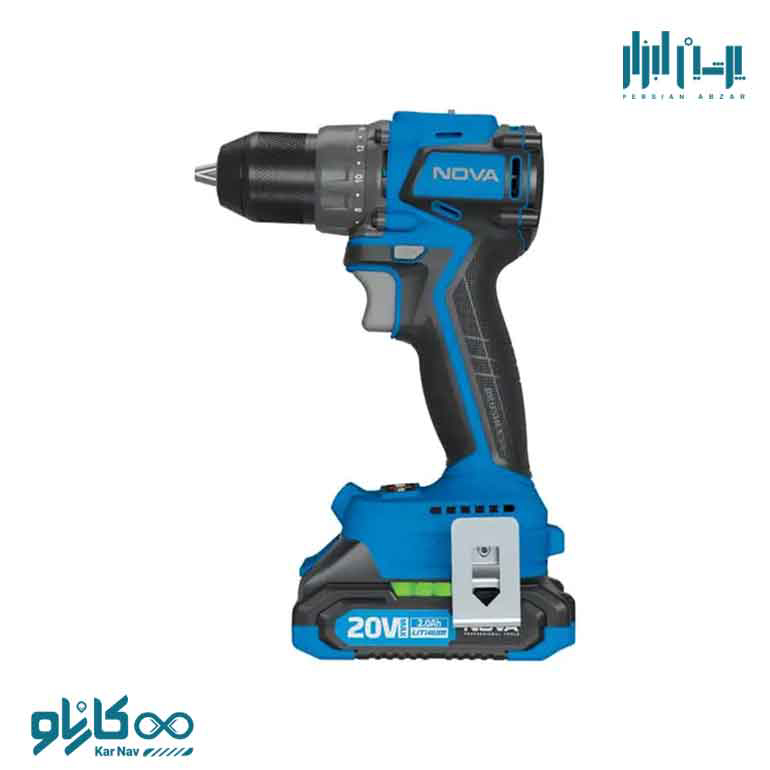 دریل پیچ گوشتی شارژی 13 میلی متری 20 ولت براشلس دو سرعته چکشی نوا کد 5522